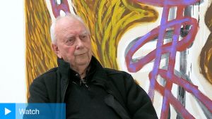 Basil Beattie at the opening of Unreal City: Abstract Painting in London, Saatchi Gallery, London, 2024. Photo: Martin Kennedy.