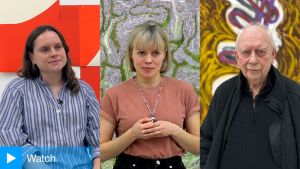 Left to right: Lizzie Munn, Karolina Albricht and Basil Beattie at the opening of Unreal City: Abstract Painting in London, Saatchi Gallery, London, 2024. Photo: Martin Kennedy.